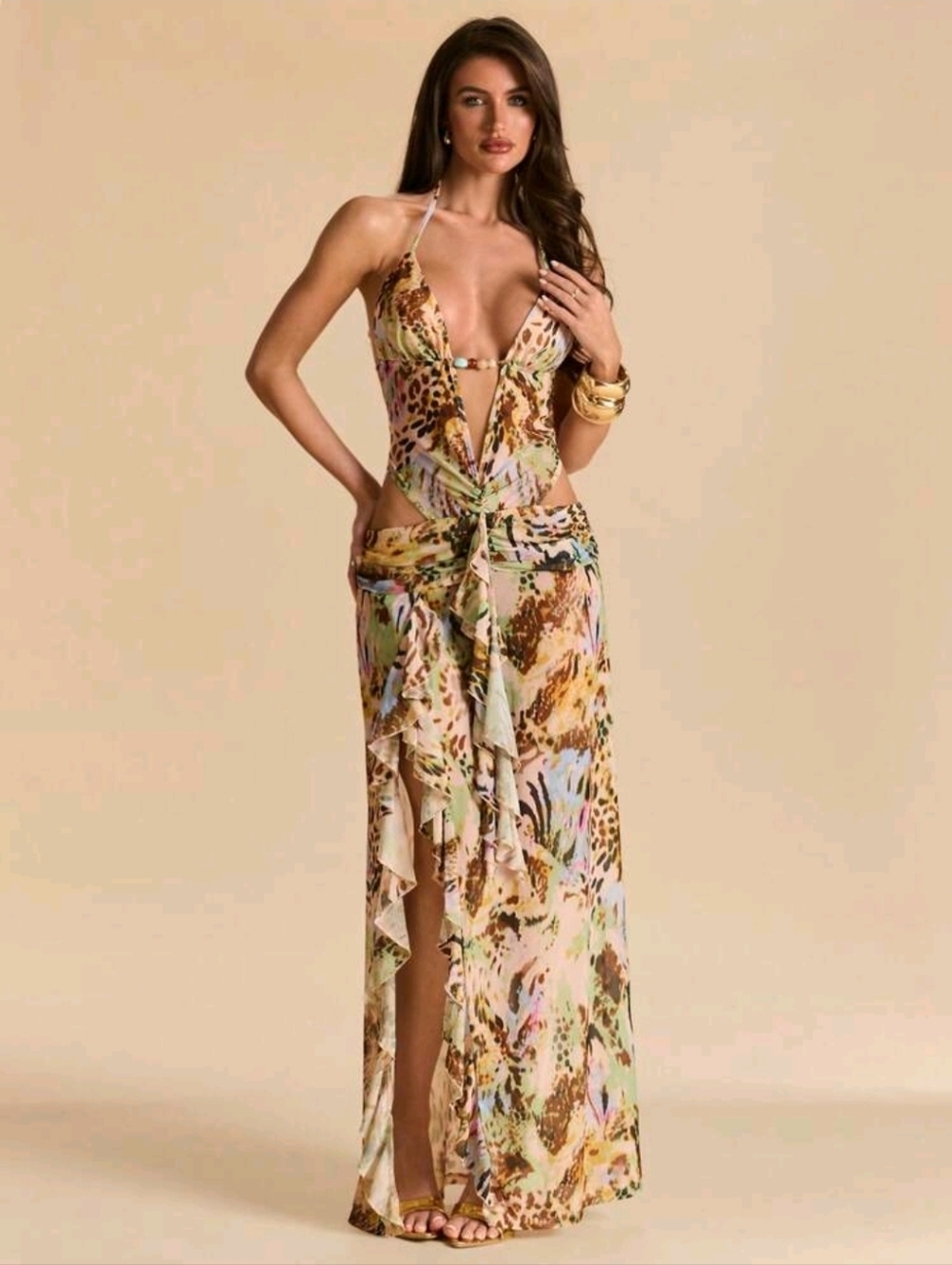 BAE Cut Out Leopard Floral Print Slit Sexy Beaded Fitted Elegant Dress - Picture 9 of 9
